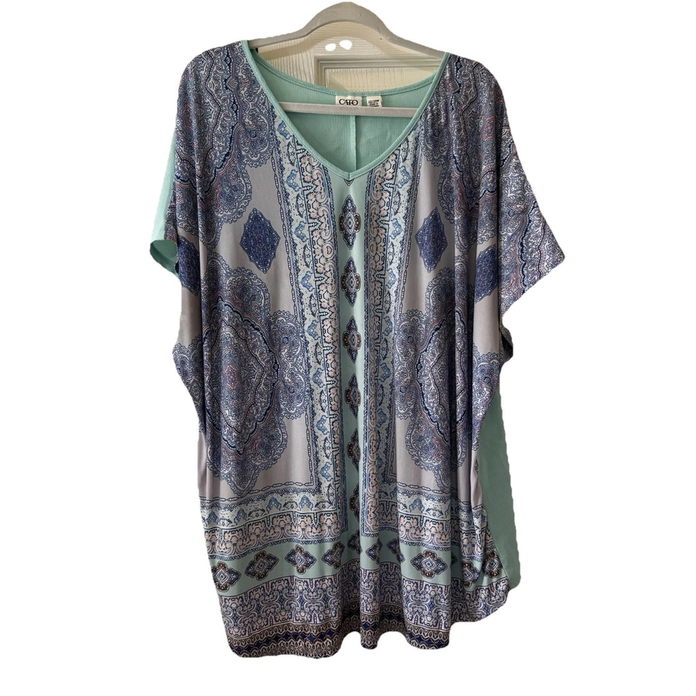 Cato 2X Pretty Aqua Paisley Block Pattern Stretchy Lightweight Summer Top